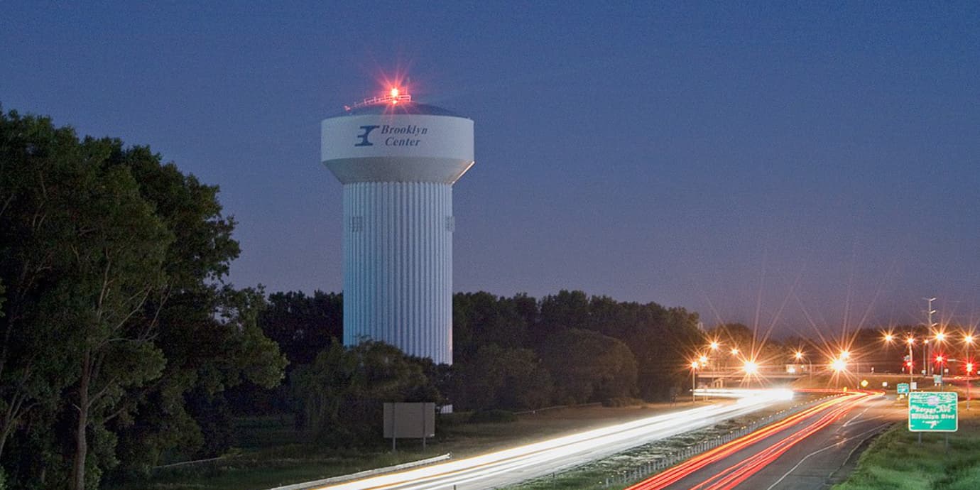 The Brooklyn Center water tower at dusk